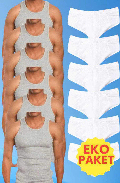 Erkek Pamuklu 6 Atlet 6 Slip Külot Set Gri - Beyaz XL
