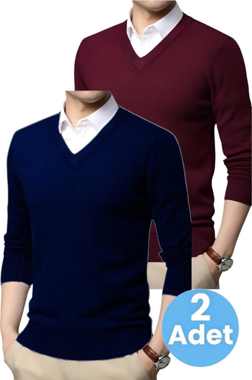 2'Li Erkek V Yaka Uzun Kol Triko Tüylenmez Süveter Erkek Slim Fit Süveter Bordo - Lacivert 2XL