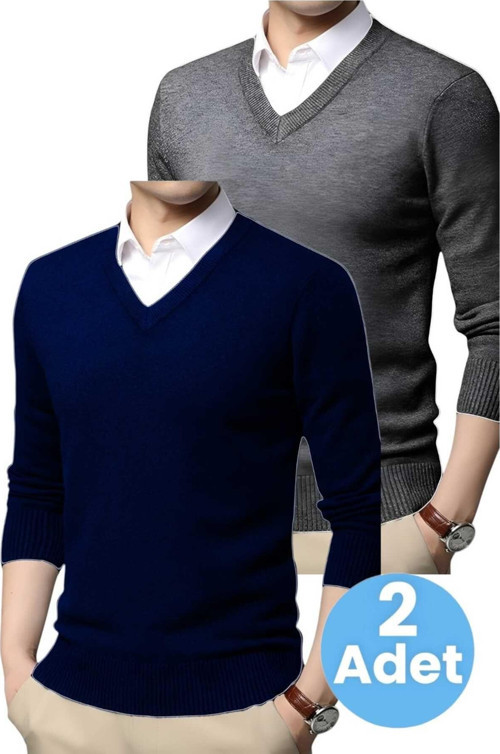 2'Li Erkek V Yaka Uzun Kol Triko Tüylenmez Süveter Erkek Slim Fit Süveter Füme - Lacivert 2XL