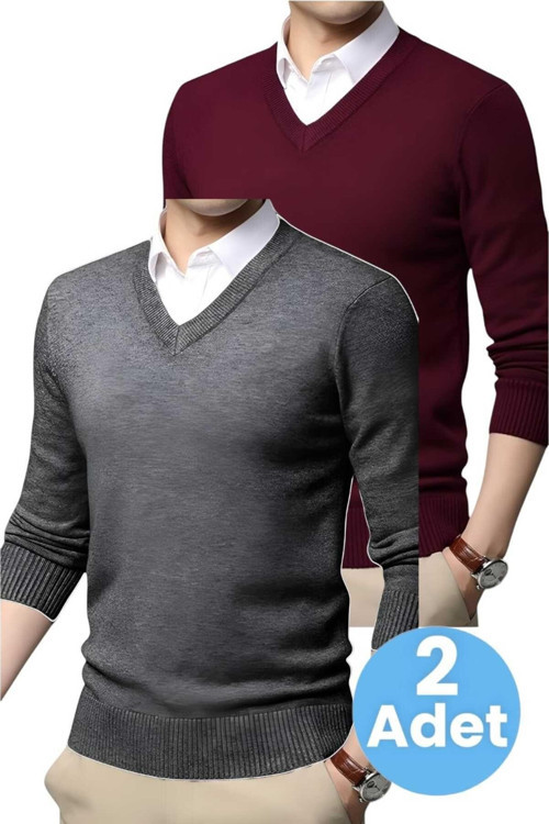 2'Li Erkek V Yaka Uzun Kol Triko Tüylenmez Süveter Erkek Slim Fit Süveter Bordo - Füme L