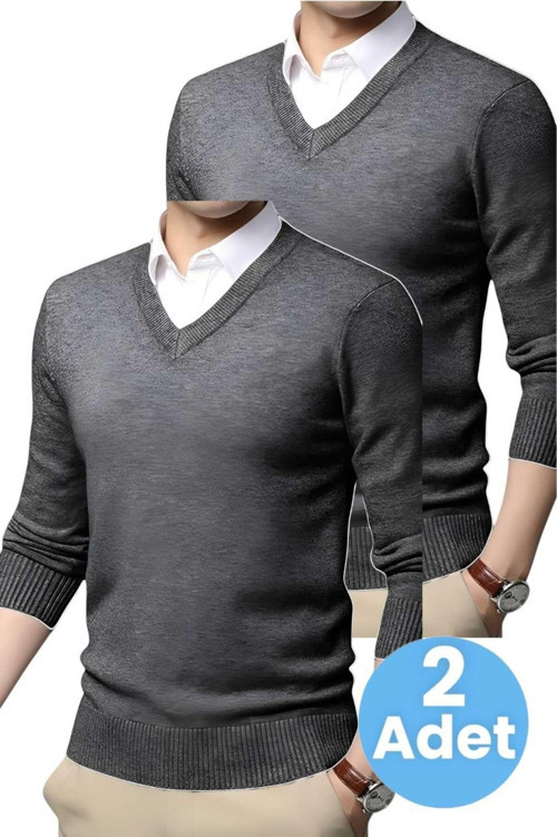 2'Li Erkek V Yaka Uzun Kol Triko Tüylenmez Süveter Erkek Slim Fit Süveter Füme - Füme L