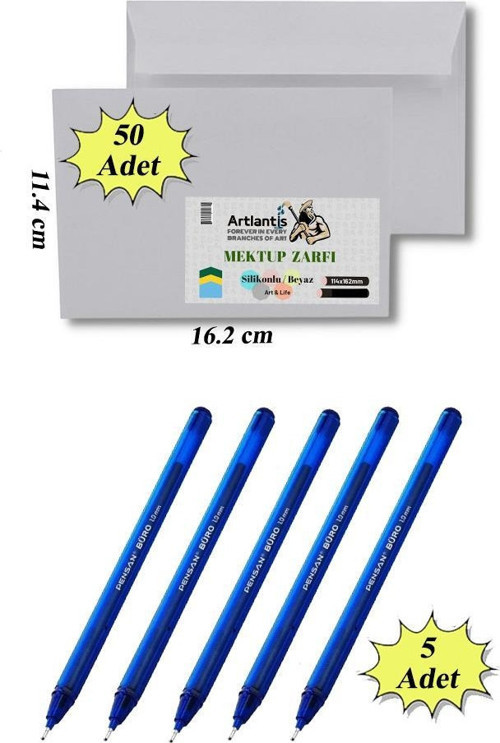 Düğün Para Takı Zarfı Ağzı Yapışkanlı 50 Adet Ve 5 Adet Tükenmez Kalem Artlantis Takı Zarfı Beyaz Yapışkanlı