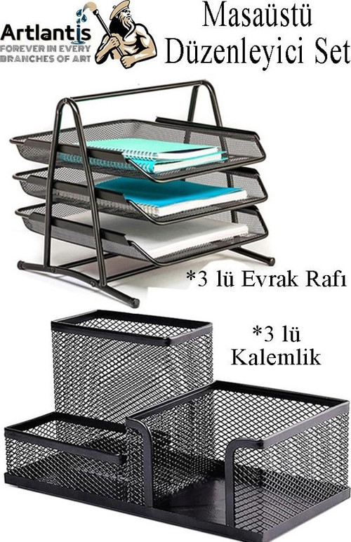 Masaüstü Evrak Rafı ve Metal Kalemlik Seti 3 lü Kombo 1 Paket Fileli Perfore Siyah Kalemlik Ataşlık Notluk Düzenleyici