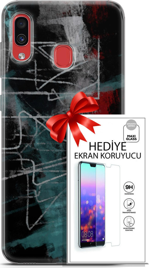 Samsung Galaxy A30 Kılıf Orijinal Seri Nature 07 Gri Çizgiler Desenli Kılıf + Ön Ekran Koruyucu