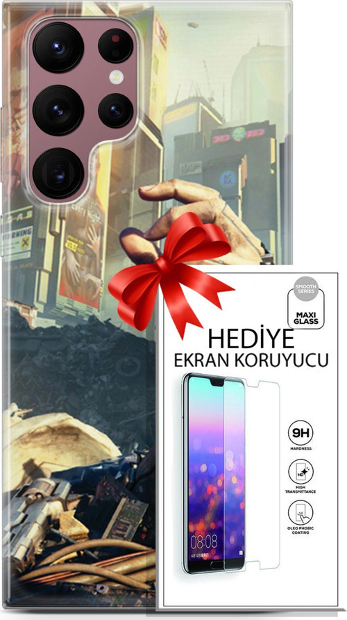 Samsung Galaxy S22 Ultra Kılıf Orijinal Seri Cyberpunk 20 El Renkli Kılıf Ekran Koruyucu