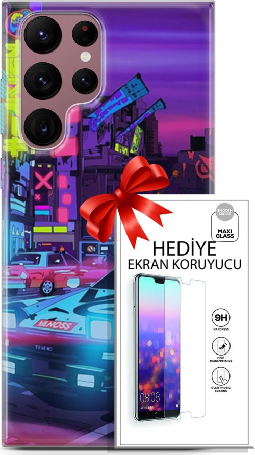 Samsung Galaxy S22 Ultra Kılıf Orijinal Seri Cyberpunk 28 Gaming Vg İz Bırakmayan Kılıf + Ön Ekran Koruyucu