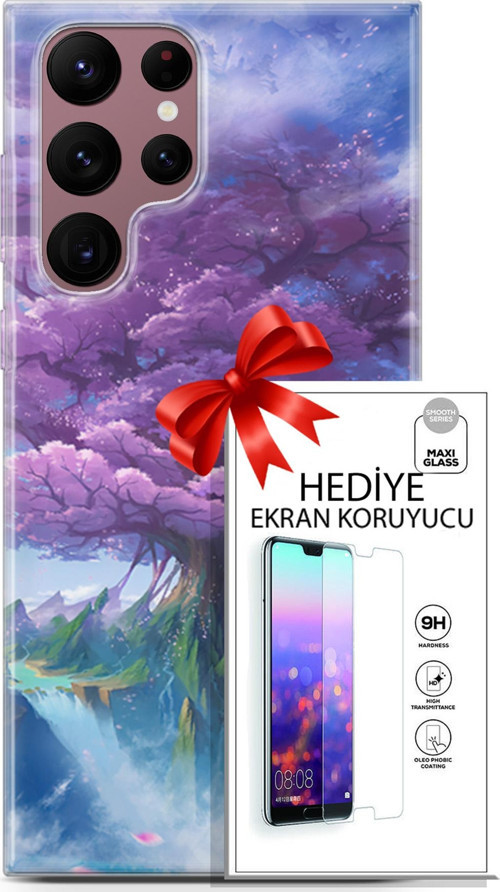 Samsung Galaxy S22 Ultra Kılıf Orijinal Seri Fantasy 27 Bahar Ağaç Lazer Kesim Silikon Ekran Koruyucu