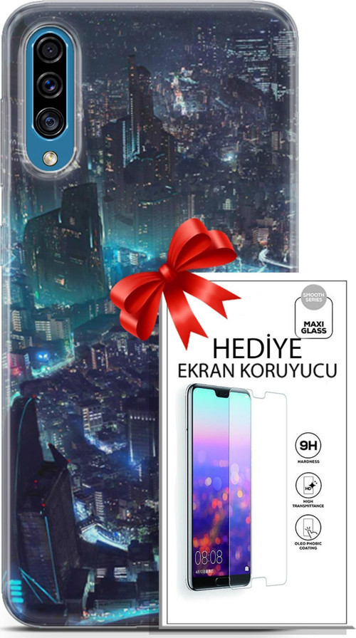 Samsung Galaxy A30S Kılıf Orijinal Seri Cyberpunk 17 Işıklı Şehir Yumuşak Kılıf + Ekran Koruyucu