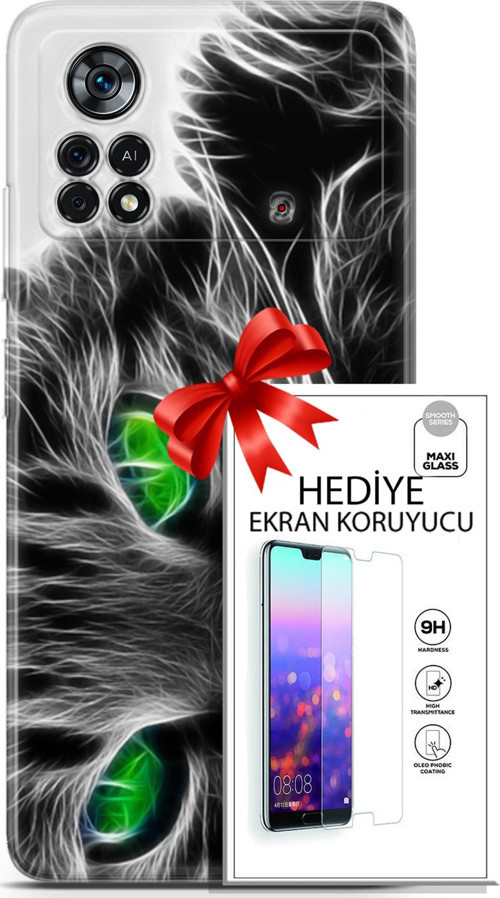Xiaomi Poco X4 Pro 5G Kılıf Orijinal Seri Scotish-British 27 Yeşil Gözlü Kedi Lazer Kesim Silikon Ekran Koruyucu