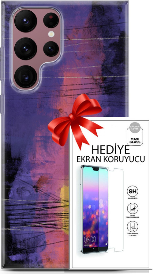 Samsung Galaxy S22 Ultra Kılıf Orijinal Seri Nature 04 Mor Kırmızı Silikon Kılıf + Ekran Koruyucu Fu