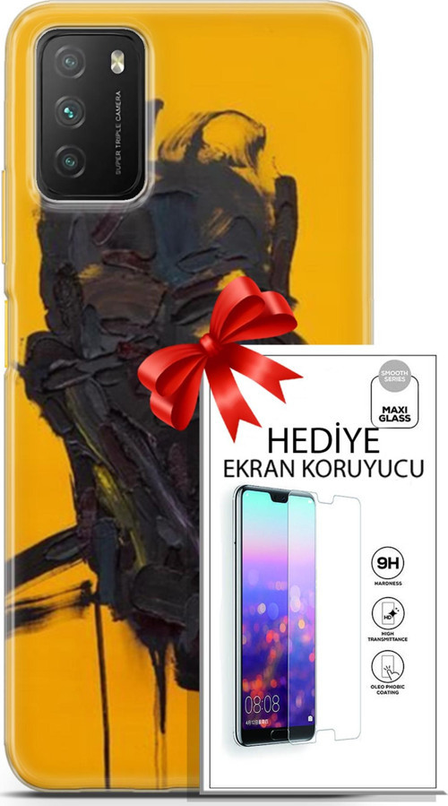 Xiaomi Poco M3 Kılıf Orijinal Seri Soul 07 Sarı Siyah Desenli Kılıf + Ön Ekran Koruyucu