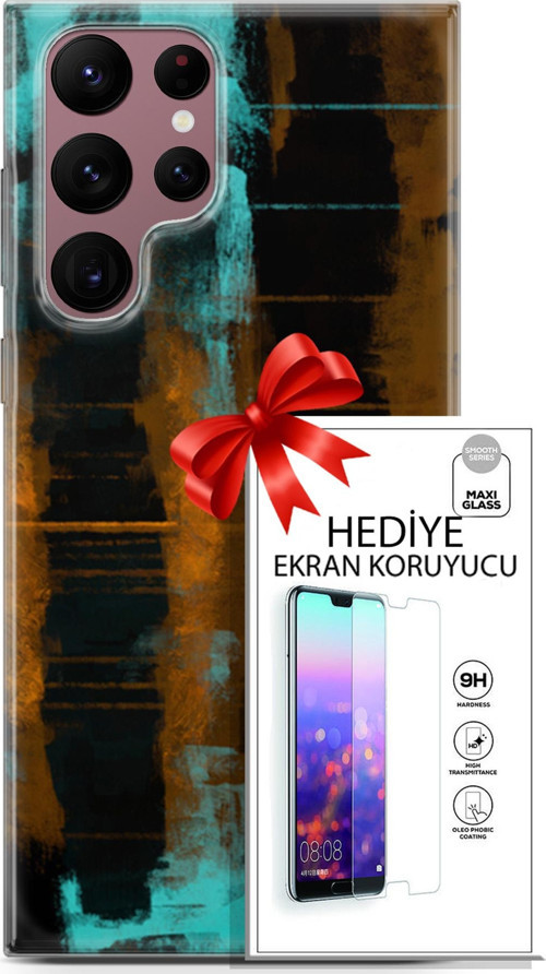 Samsung Galaxy S22 Ultra Kılıf Orijinal Seri Nature 05 Turkuaz Siyah Koruma Kılıfı + Ekran Koruyucu