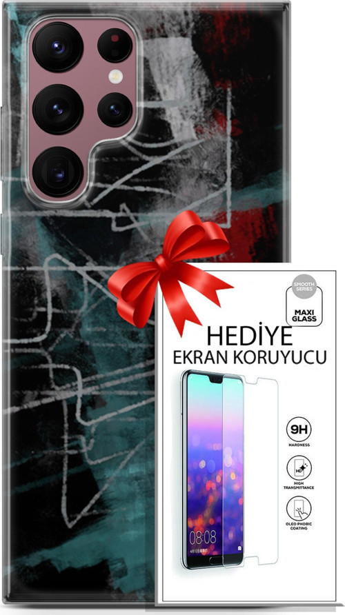 Samsung Galaxy S22 Ultra Kılıf Orijinal Seri Nature 07 Gri Çizgiler Desenli Kılıf + Ön Ekran Koruyucu