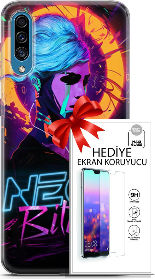 Samsung Galaxy A30S Kılıf Orijinal Seri Cyberpunk 25 Neon Soyulmayan Kılıf + Ekran Koruyucu Full Koruma