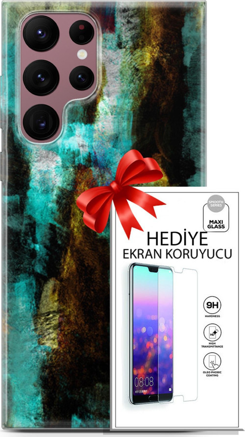 Samsung Galaxy S22 Ultra Kılıf Orijinal Seri Nature 12 Kahve Yeşil Tasarım Kılıf + Ekran Koruyucu