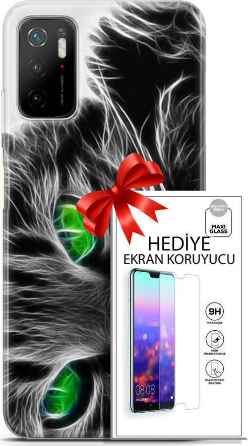 Xiaomi Poco M3 Pro Kılıf Orijinal Seri Scotish-British 27 Yeşil Gözlü Kedi Lazer Kesim Silikon Ekran Koruyucu