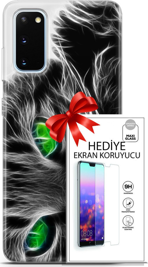 Samsung Galaxy S20 Kılıf Orijinal Seri Scotish-British 27 Yeşil Gözlü Kedi Lazer Kesim Silikon Ekran Koruyucu