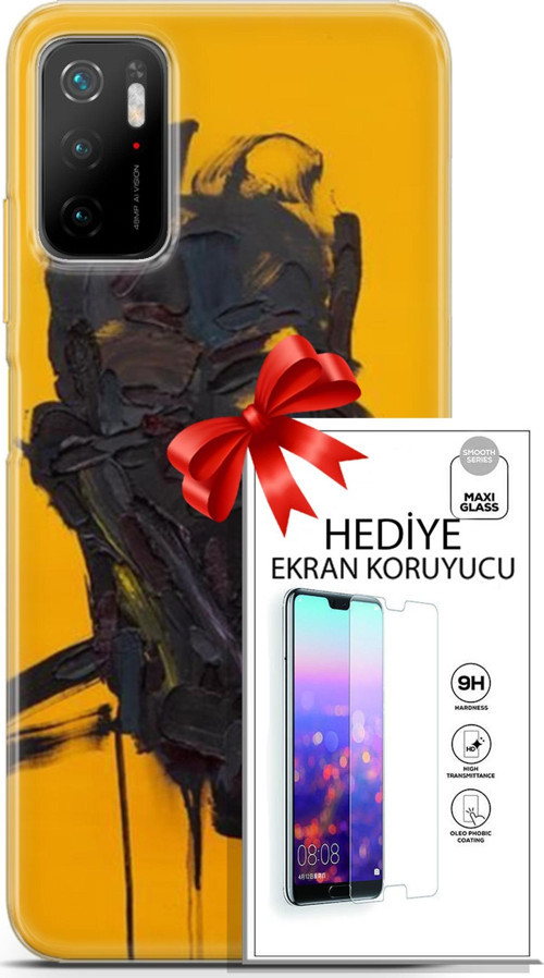 Xiaomi Poco M3 Pro Kılıf Orijinal Seri Soul 07 Sarı Siyah Desenli Kılıf + Ön Ekran Koruyucu