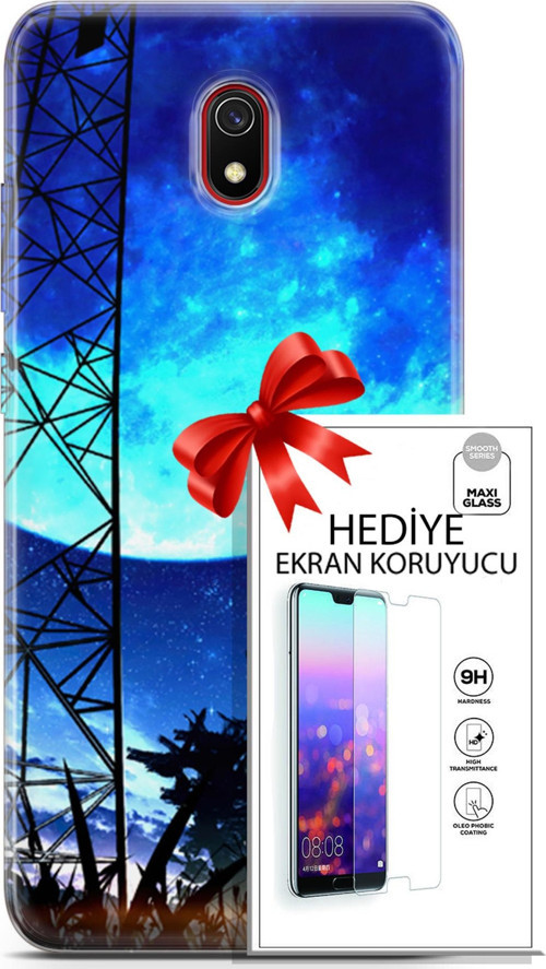Xiaomi Redmi 8A Kılıf Orijinal Seri Fantasy 24 Mavi Ay Darbe Emici Kılıf + Ekran Koruyucu