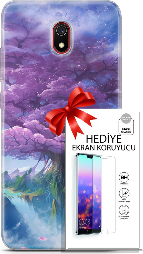 Xiaomi Redmi 8A Kılıf Orijinal Seri Fantasy 27 Bahar Ağaç Lazer Kesim Silikon Ekran Koruyucu