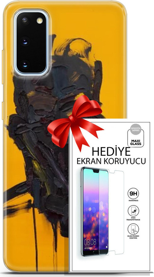 Samsung Galaxy S20 Kılıf Orijinal Seri Soul 07 Sarı Siyah Desenli Kılıf + Ön Ekran Koruyucu