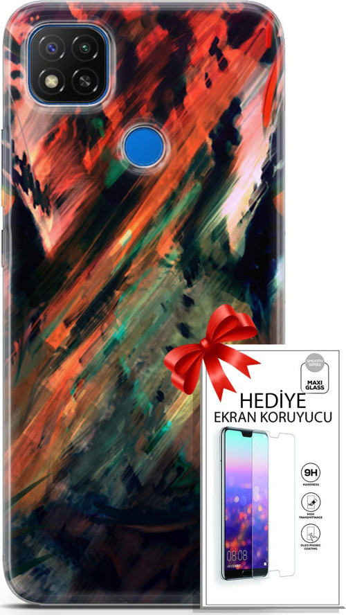 Xiaomi Redmi 10A Kılıf Orijinal Seri Algorand 20 Kırmızı Yeşil Renkli Kılıf Ekran Koruyucu