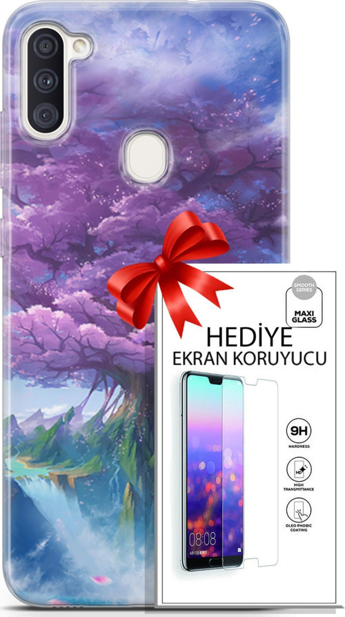Samsung Galaxy M11 Kılıf Orijinal Seri Fantasy 27 Bahar Ağaç Lazer Kesim Silikon Ekran Koruyucu