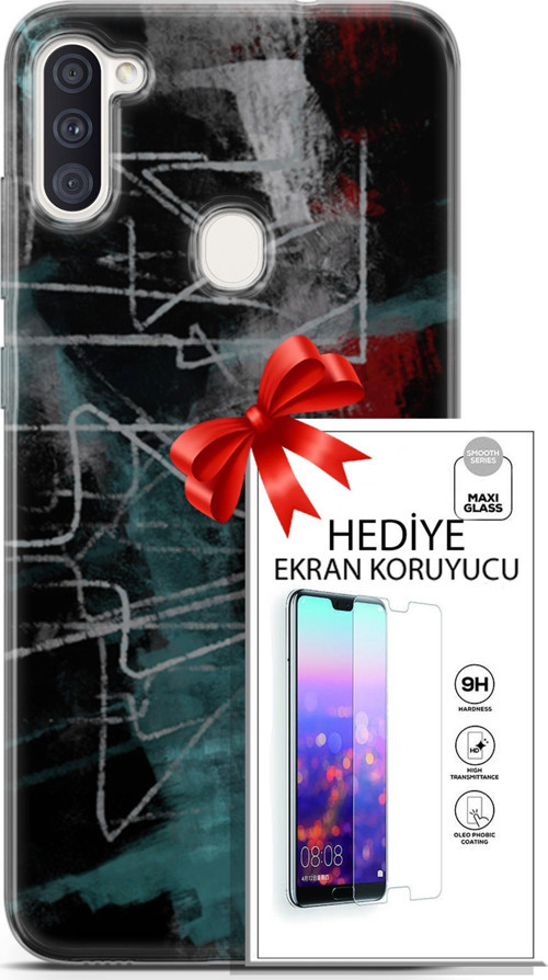 Samsung Galaxy M11 Kılıf Orijinal Seri Nature 07 Gri Çizgiler Desenli Kılıf + Ön Ekran Koruyucu
