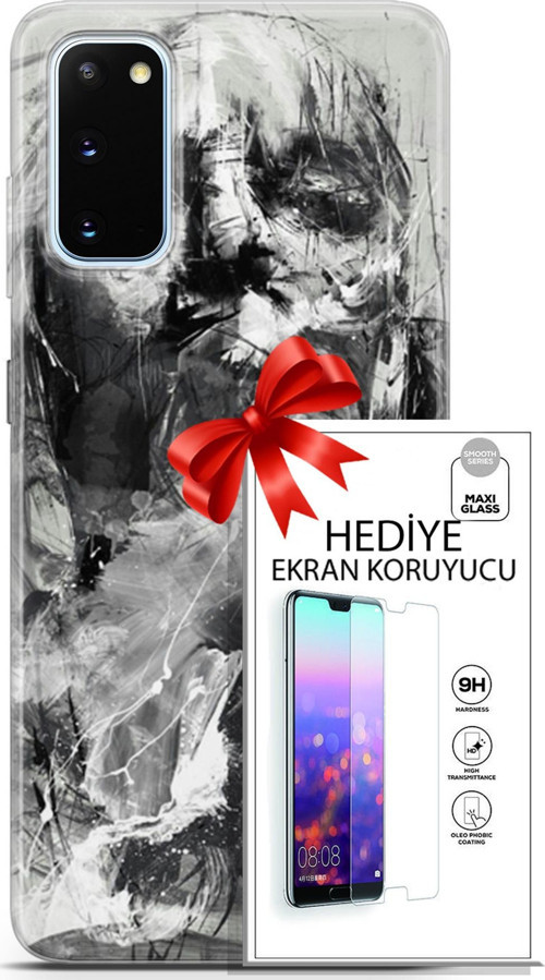 Samsung Galaxy S20 Kılıf Orijinal Seri Soul 30 Siyah Beyaz Kenarları Şeffaf Kapak Ve Ekran Koruyucu