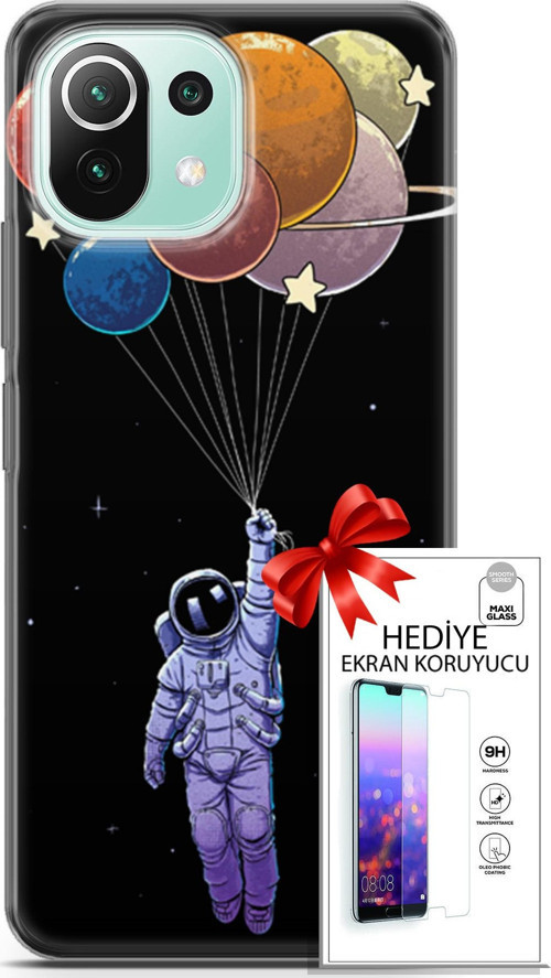Xiaomi 11 Lite 5G Ne Kılıf Orijinal Seri Algorand 07 Uçan Balon Astronot Desenli Kılıf + Ön Ekran Koruyucu