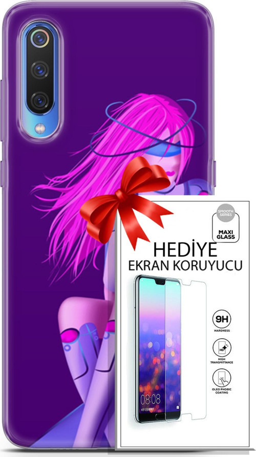 Xiaomi Mi 9 Kılıf Orijinal Seri Cyberpunk 02 Pembe Saçlı Kapak Ve Ekran Koruyucu