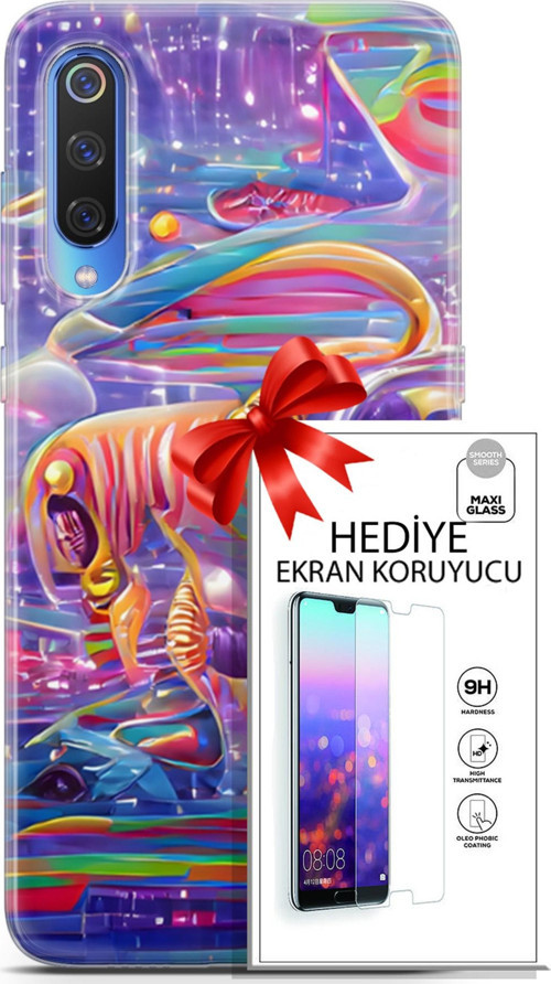 Xiaomi Mi 9 Kılıf Orijinal Seri Cyberpunk 11 4. Boyut 4K Baskılı Kılıf + Ekran Koruyucu Full Koruma