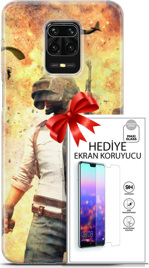 Xiaomi Redmi Note 9S Kılıf Orijinal Seri Pubg 29 Uçak Paraşüt Leke Tutmaz Kapak + Ekran Koruyucu