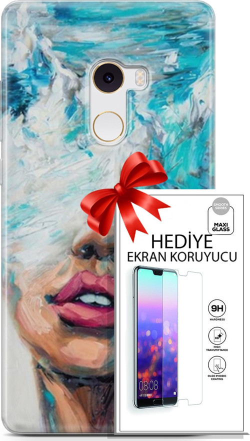 Xiaomi Mi Mix 2 Kılıf Orijinal Seri Soul 12 Beyaz Mavi Tasarım Kılıf + Ekran Koruyucu