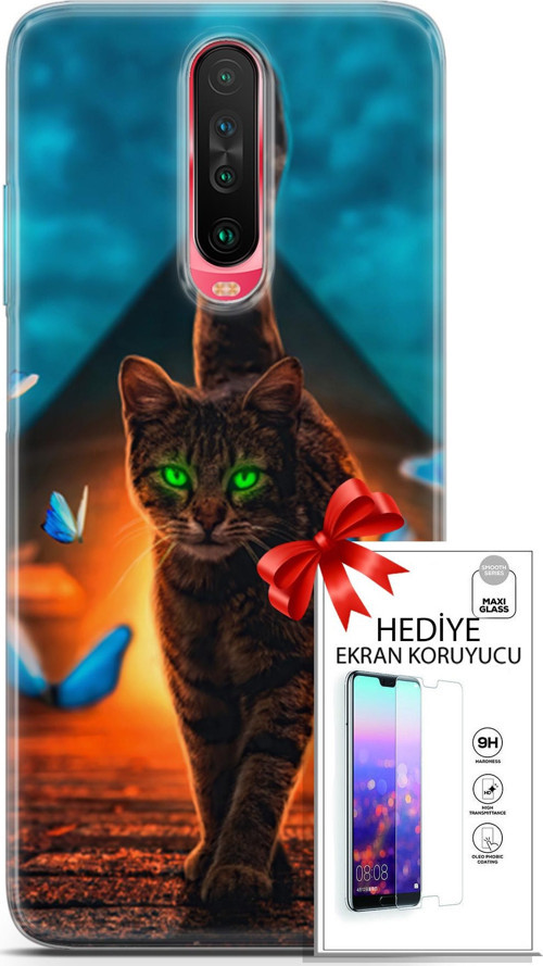 Xiaomi Poco X2 Kılıf Orijinal Seri Algorand 09 Yeşil Neon Kedi Uv Kılıf Ve Ekran Koruyucu