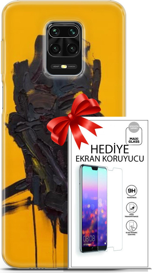 Xiaomi Redmi Note 9S Kılıf Orijinal Seri Soul 07 Sarı Siyah Desenli Kılıf + Ön Ekran Koruyucu