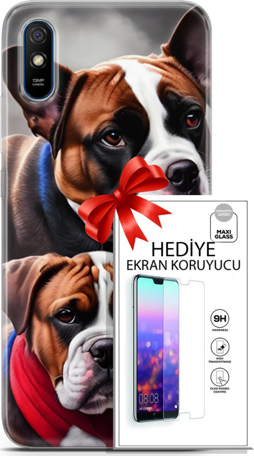 Xiaomi Redmi 9A Kılıf Orijinal Seri Dogs 25 Alman Boksör Soyulmayan Kılıf + Ekran Koruyucu Full Koruma