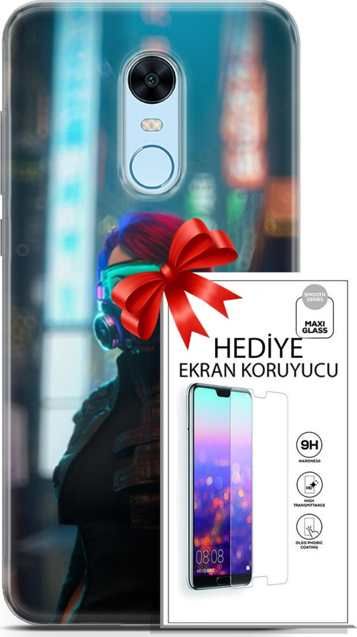 Xiaomi Redmi 5 Plus Kılıf Orijinal Seri Cyberpunk 04 Vr Glass Silikon Kılıf + Ekran Koruyucu Full Koruma