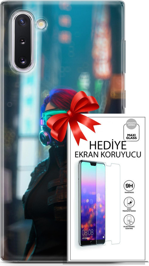 Samsung Galaxy Note 10 Kılıf Orijinal Seri Cyberpunk 04 Vr Glass Silikon Kılıf + Ekran Koruyucu Full