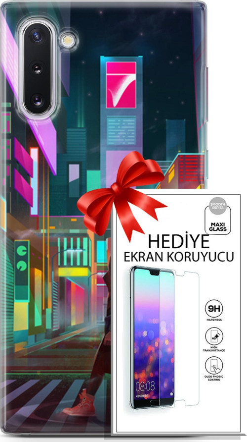 Samsung Galaxy Note 10 Kılıf Orijinal Seri Cyberpunk 05 Neon City Koruma Kılıfı + Ekran Koruyucu