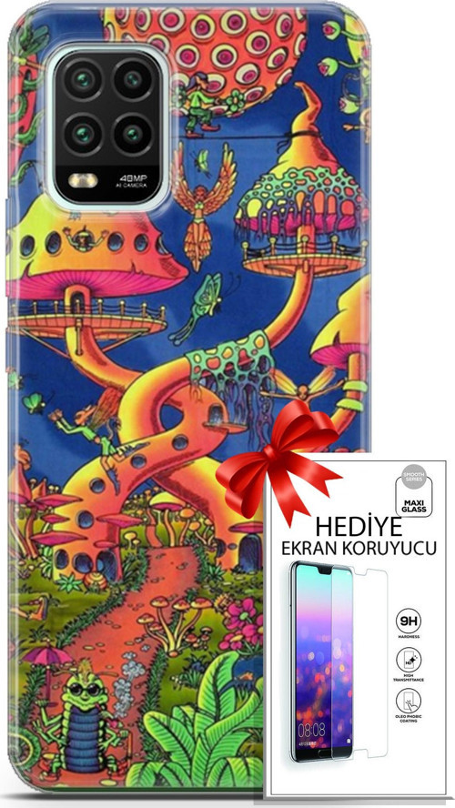 Xiaomi Mi 10 Lite 5G Kılıf Orijinal Seri Cardano 05 Mantar Evler Koruma Kılıfı + Ekran Koruyucu