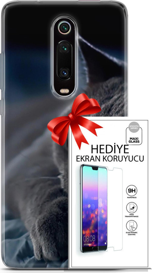 Xiaomi Mi 9T Kılıf Orijinal Seri Scotish-British 20 Yatan Kedi Renkli Kılıf Ekran Koruyucu