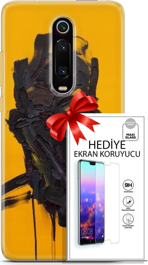 Xiaomi Mi 9T Kılıf Orijinal Seri Soul 07 Sarı Siyah Desenli Kılıf + Ön Ekran Koruyucu