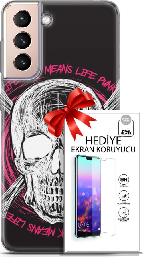 Samsung Galaxy S21 Plus Kılıf Orijinal Seri Punky 10 Punk Kurukafa Full Hd Kılıf + Ekran Koruyucu