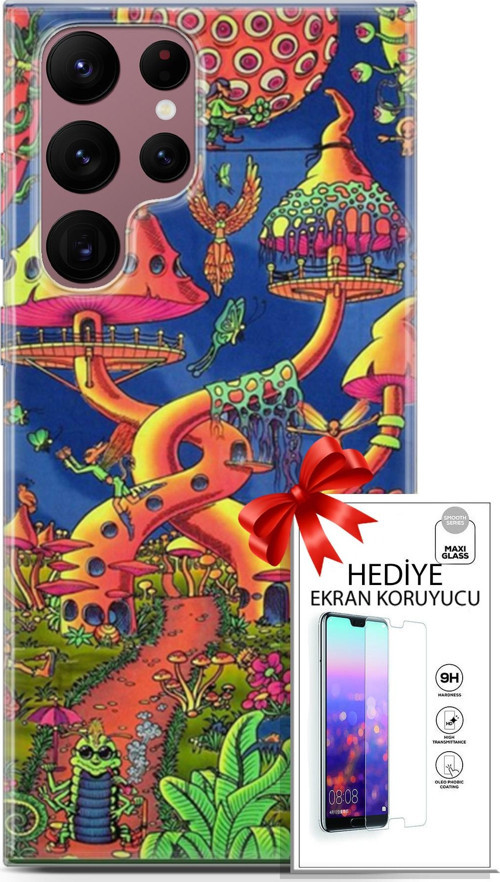 Samsung Galaxy S22 Ultra Kılıf Orijinal Seri Cardano 05 Mantar Evler Koruma Kılıfı + Ekran Koruyucu