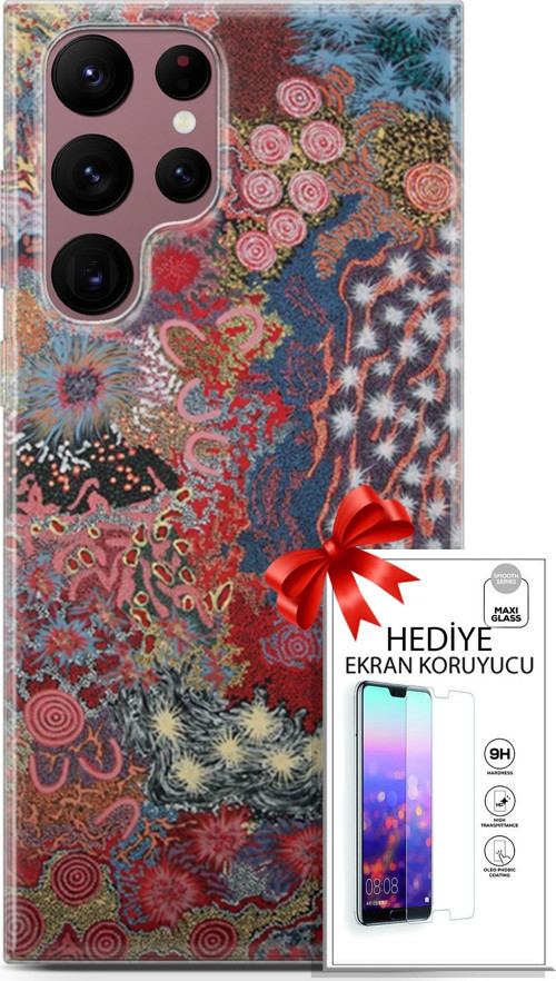 Samsung Galaxy S22 Ultra Kılıf Orijinal Seri Cardano 07 Suluboya Desenli Kılıf + Ön Ekran Koruyucu