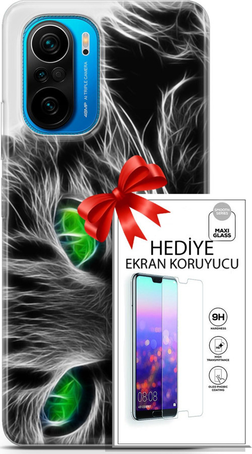 Xiaomi Poco F3 Kılıf Orijinal Seri Scotish-British 27 Yeşil Gözlü Kedi Lazer Kesim Silikon Ekran Koruyucu
