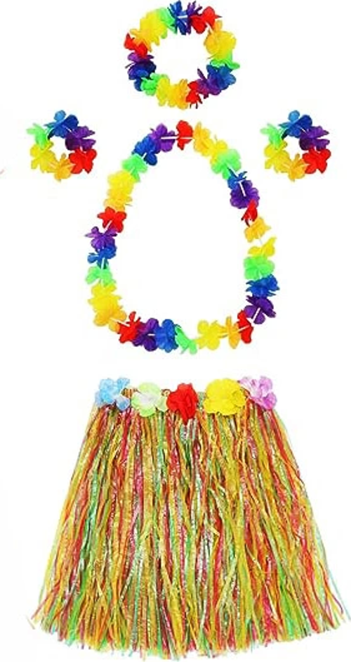 Yetişkin Ve Çocuk Uyumlu Luau Aloha Hawaii Kolye Renkli Etek Taç Ve Bileklik Seti