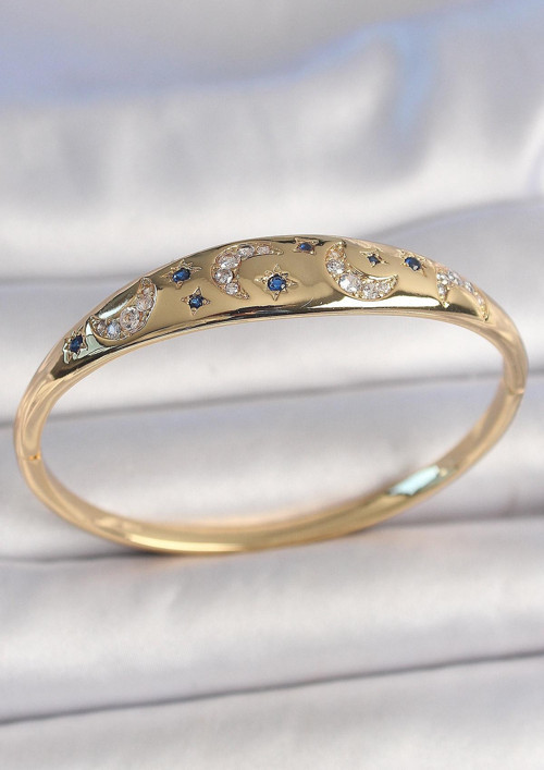 Pirinç Gold Renk Zirkon Taşlı Hilal İşleme Mavi Taşlı Yıldız Detay Kadın Kelepçe - EBJ250501W33114
