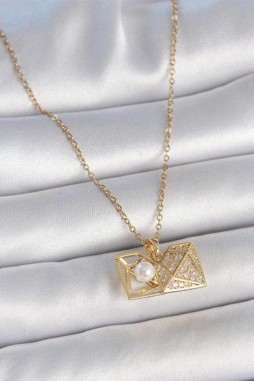 Gold Renk Zincir Zirkon Taşlı Açılır İncili Elmas Model Kadın Kolye - EBJ250501W33587